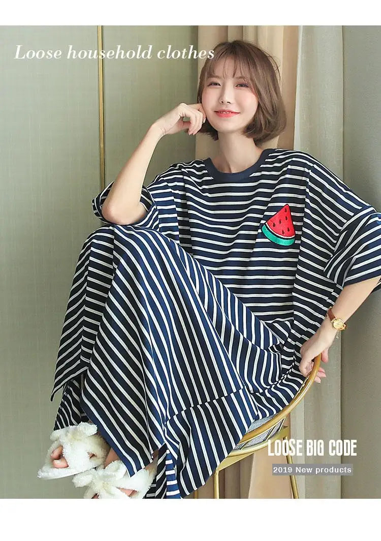 Plus Size Striped Pajama Dress – Short-Sleeved Cartoon Sleepwear for Women