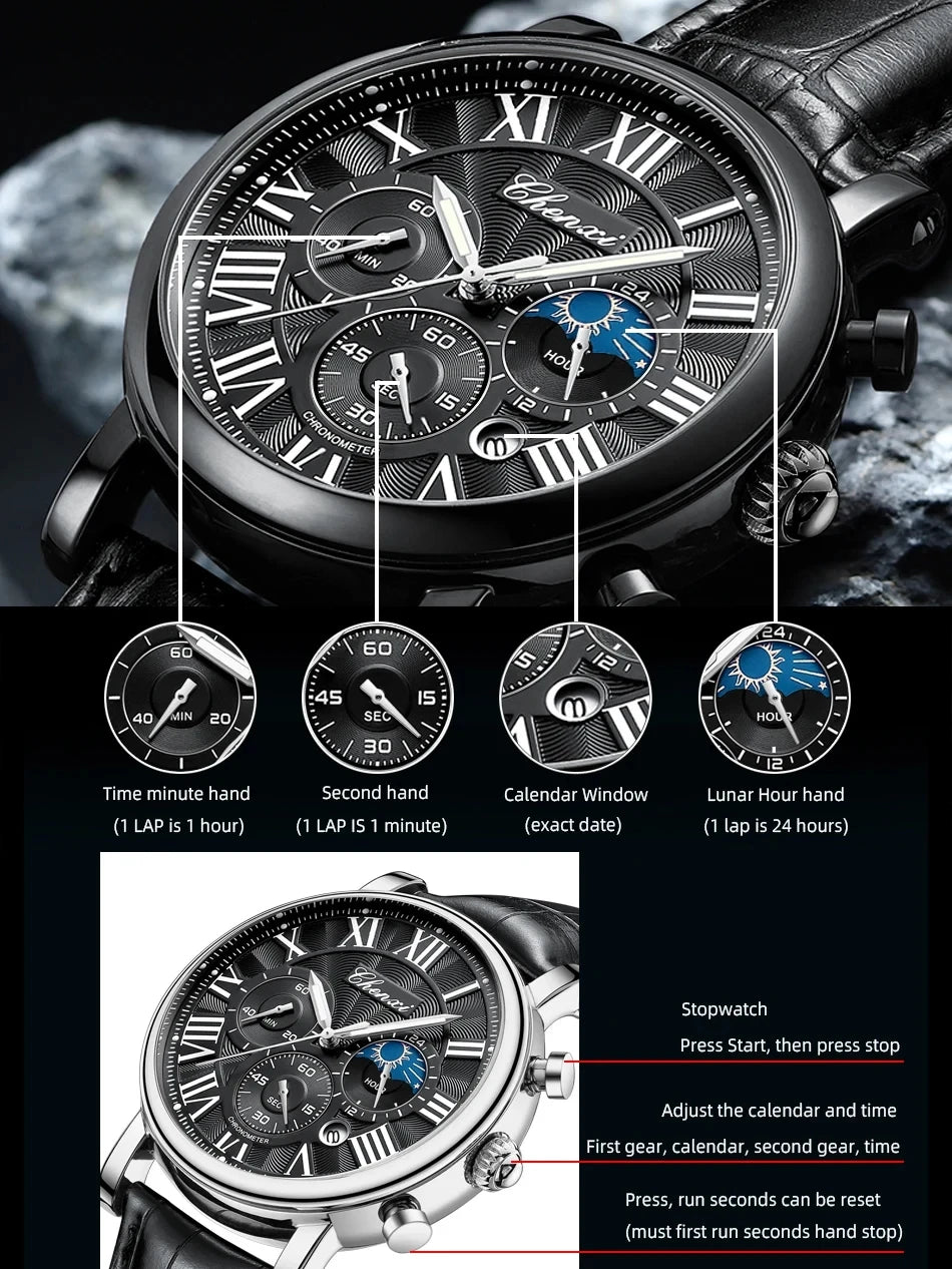 Leather Quartz Chronograph Watch – Men's Moon Phase Business Wristwatch