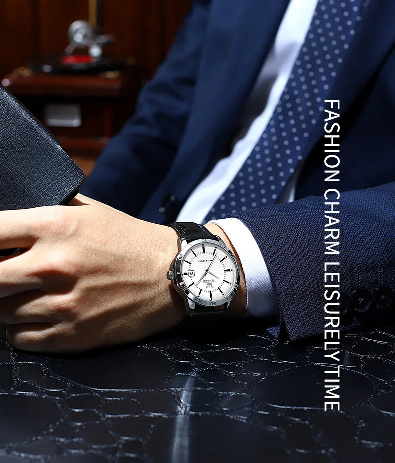 OLEVS Quartz Wristwatch – Leather Strap Classic Date for Men's Business