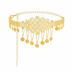 Gold waist chain belt with floral filigree design and dangling coins, fashion accessory