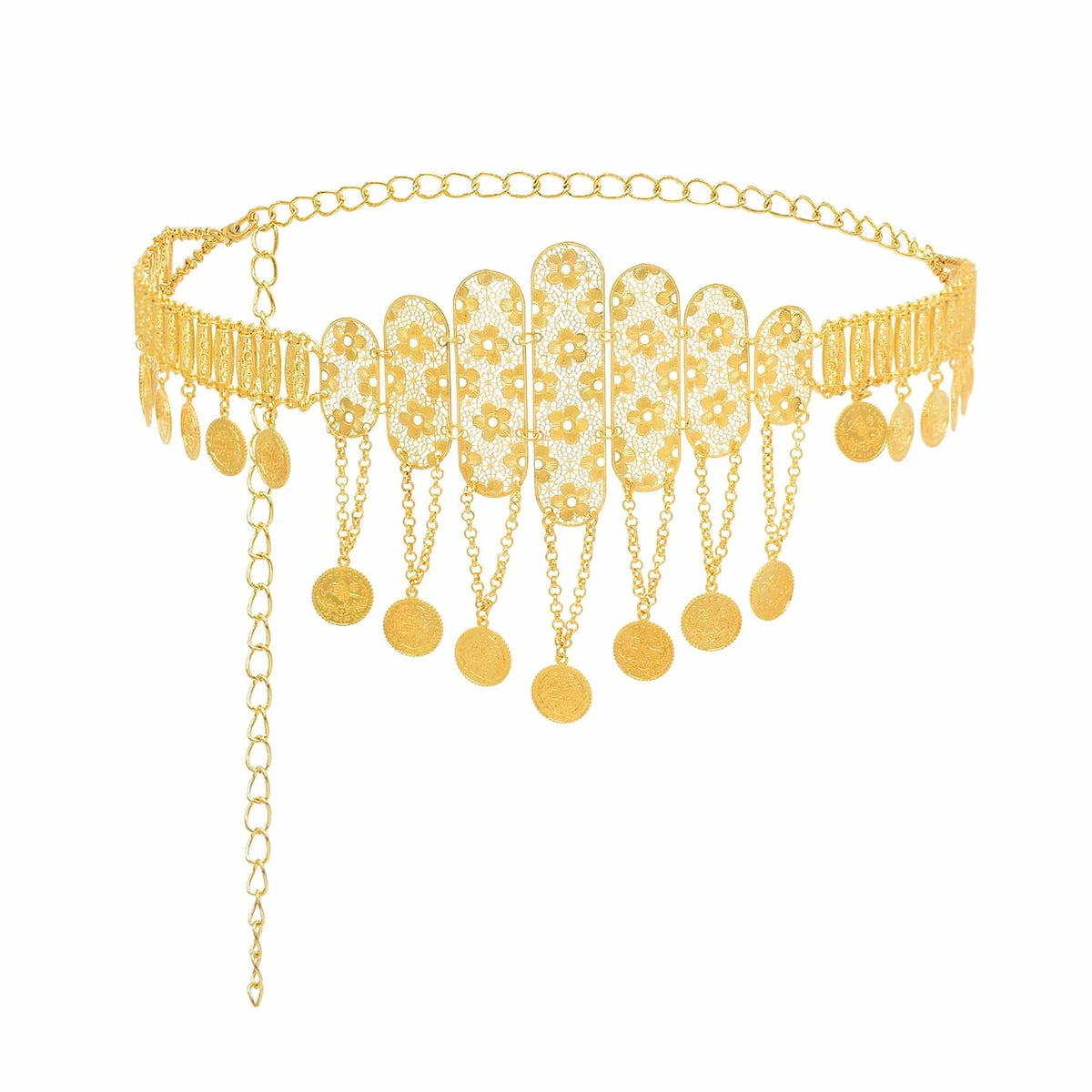 Gold waist chain belt with floral filigree design and dangling coins, fashion accessory