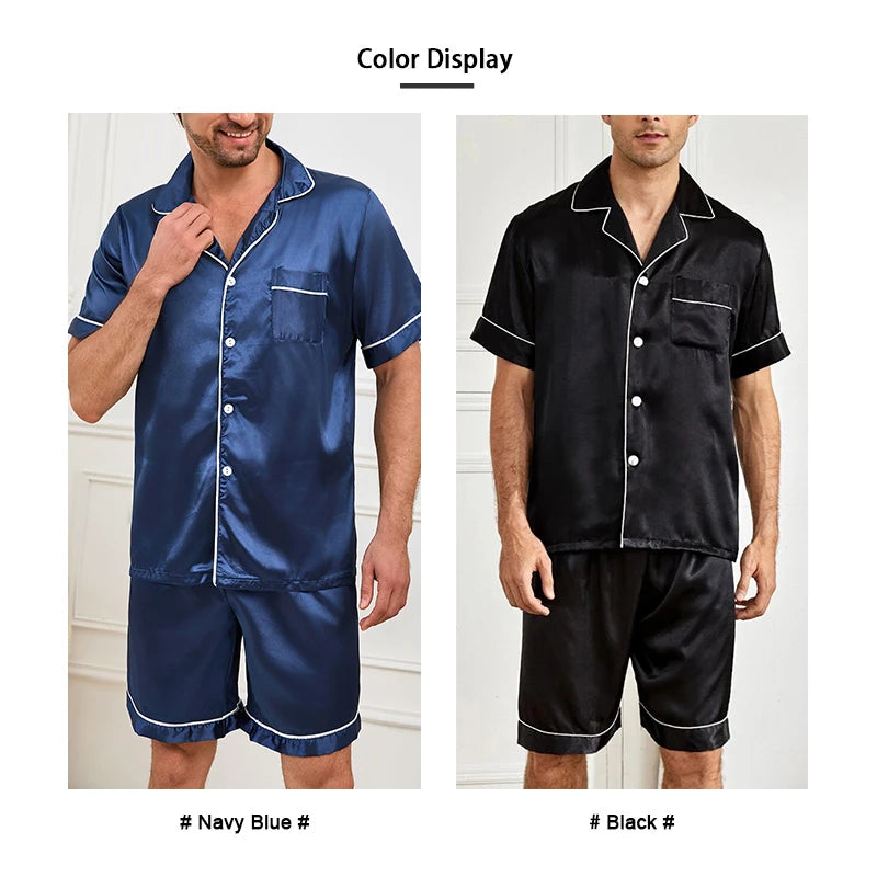 Satin Pajama Set – Short Sleeve Button-Down Sleepwear for Men