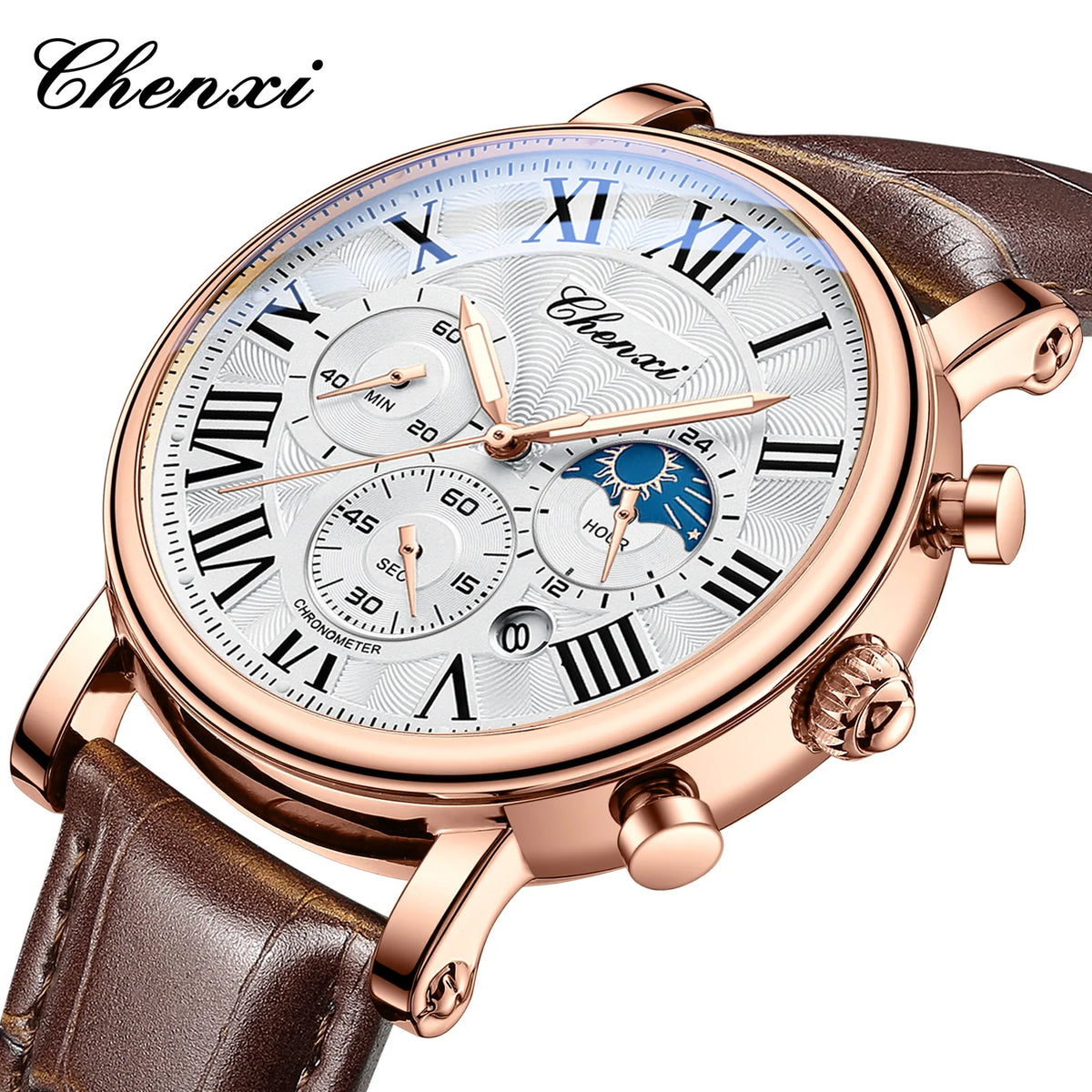 Leather Quartz Chronograph Watch – Men's Moon Phase Business Wristwatch