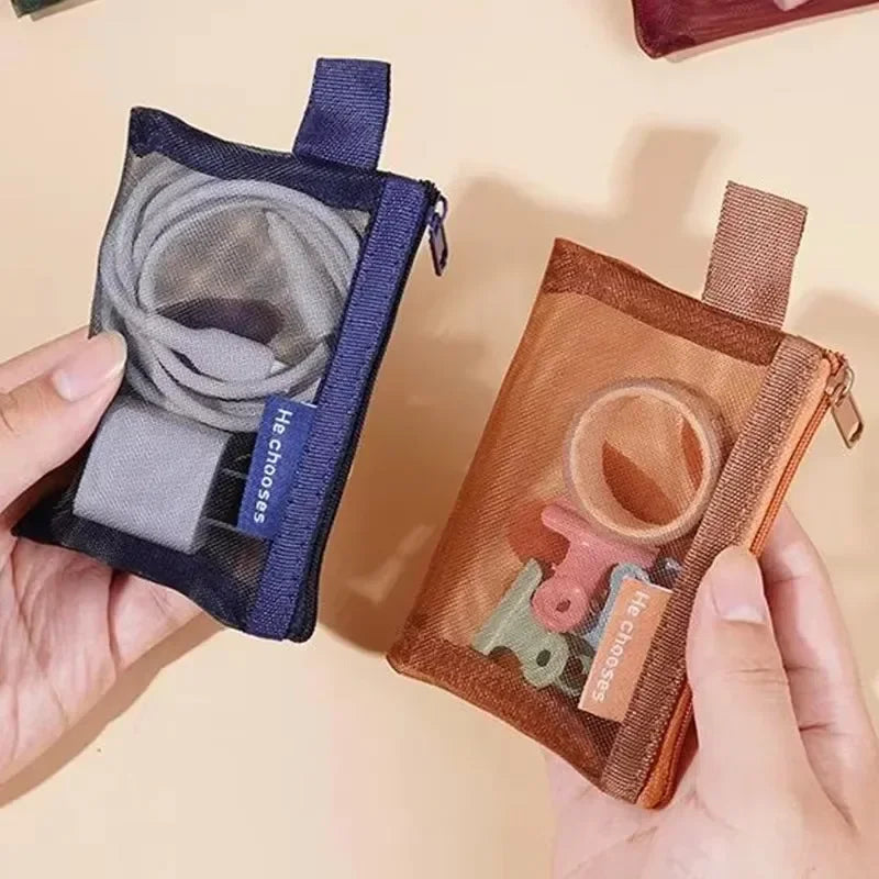 Transparent Mesh Zipper Pouch – Compact Organizer for Travel and Cables