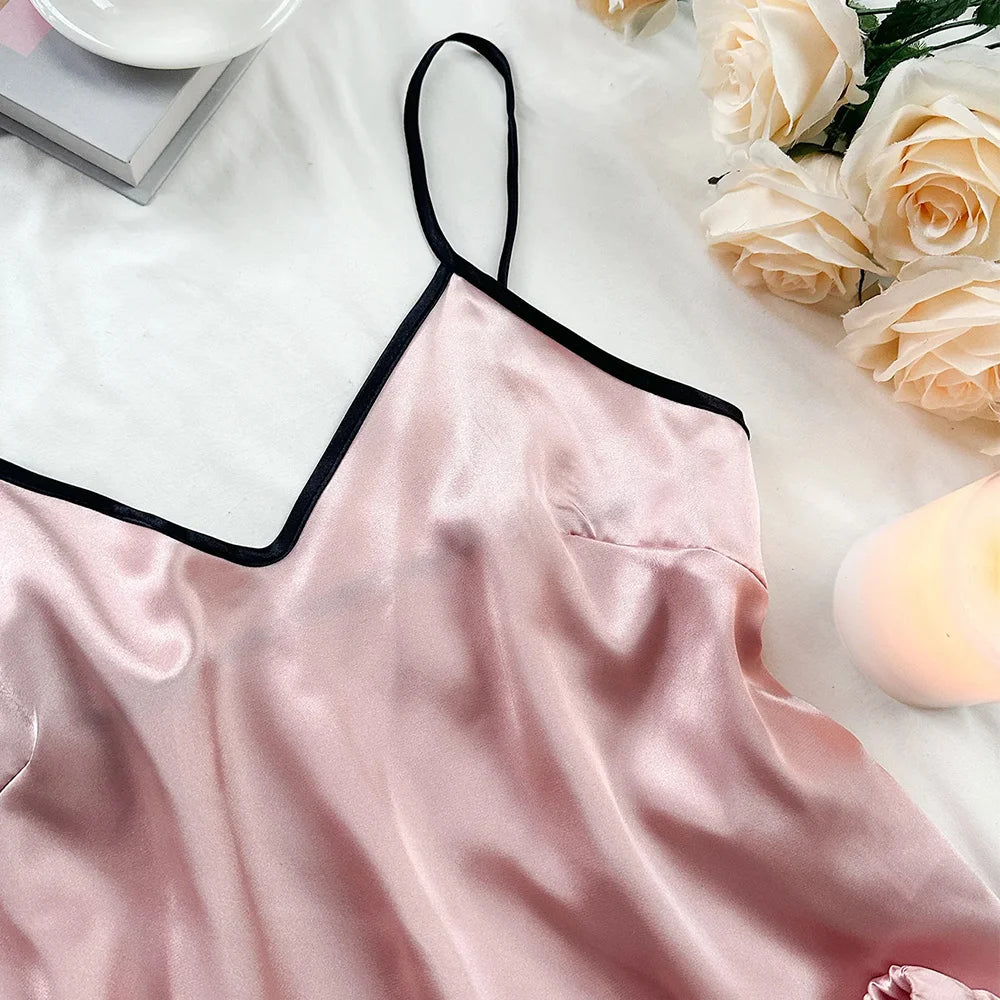 Satin V-Neck Pajama Set – Ruffled Bow Shorts for Loungewear and Sleep