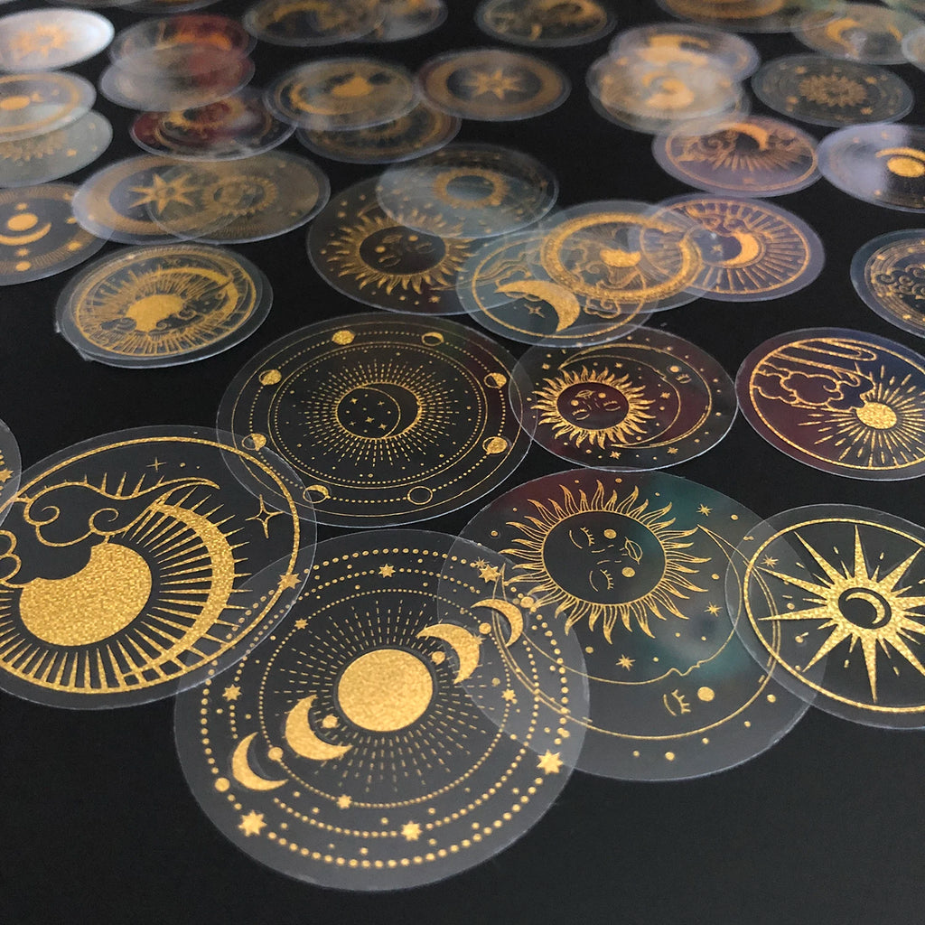 Glitter Gold PET Adhesive Stickers – Celestial Stars and Moon for Journaling