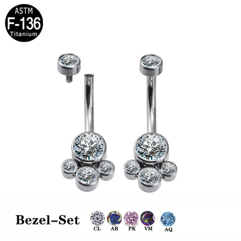 Bezel-set titanium belly button rings with multiple clear gemstones, ASTM F-136 jewelry