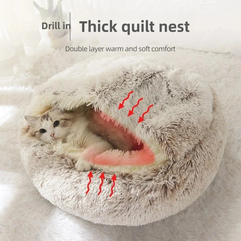 Semi-Enclosed Plush Pet Bed – Warm Winter Shell Nest for Cats and Small Dogs