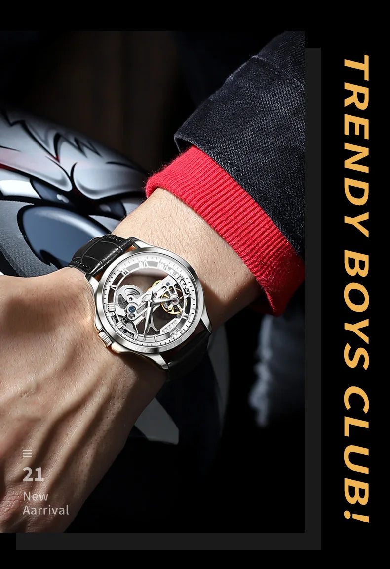 Automatic Skeleton Mechanical Watch – Leather Strap for Luxury Mens Formal Wear