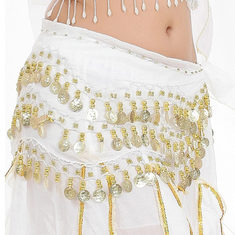 White belly dance hip scarf with gold coins and beads detail