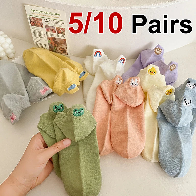 Embroidered Cotton Animal Socks – Breathable Casual Footwear for Women