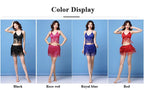 Four women modeling sequin fringe dance outfits in black, rose red, royal blue, and red.