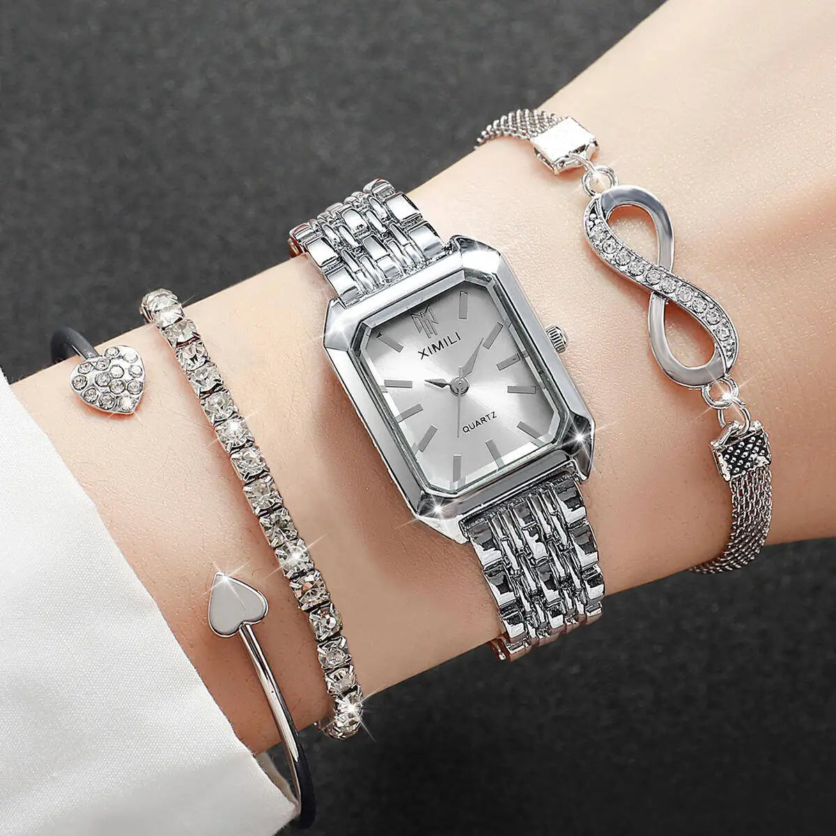 Rhinestone Rectangle Women Watches – Stainless Steel Luxury Quartz Jewelry Set