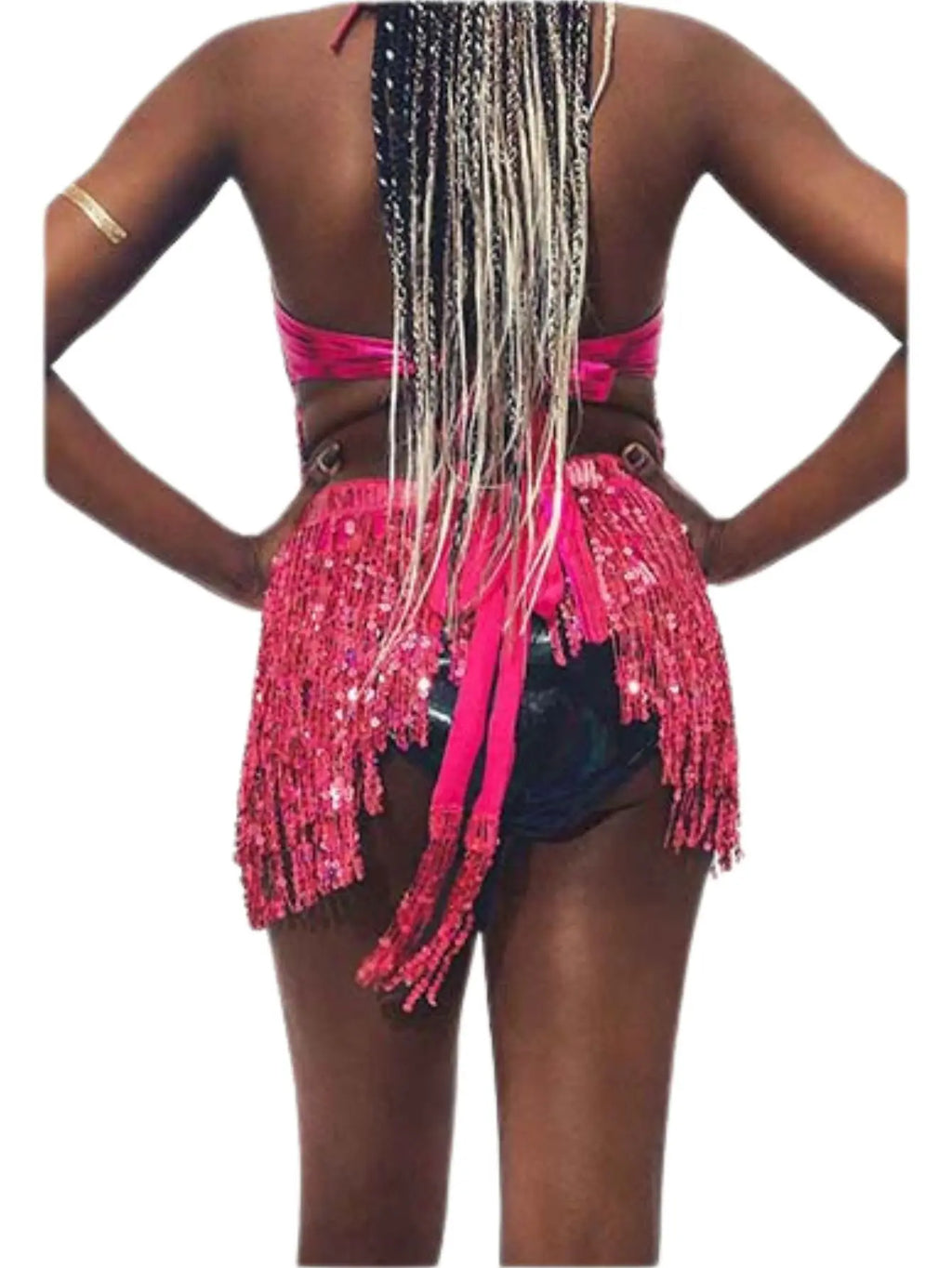Woman wearing pink sequin fringe beach cover up skirt and bikini, back view