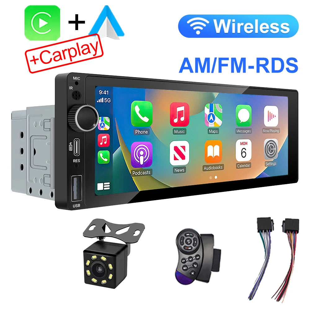 6.9 Inch 1 Din Car Radio – Wireless CarPlay and Android Auto Multimedia