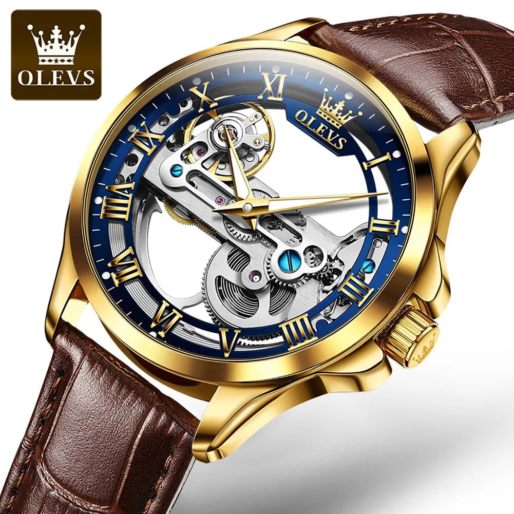 Automatic Skeleton Mechanical Watch – Leather Strap for Luxury Mens Formal Wear