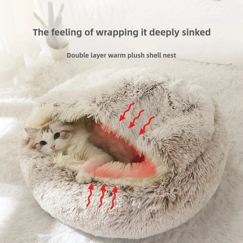 Semi-Enclosed Plush Pet Bed – Warm Winter Shell Nest for Cats and Small Dogs