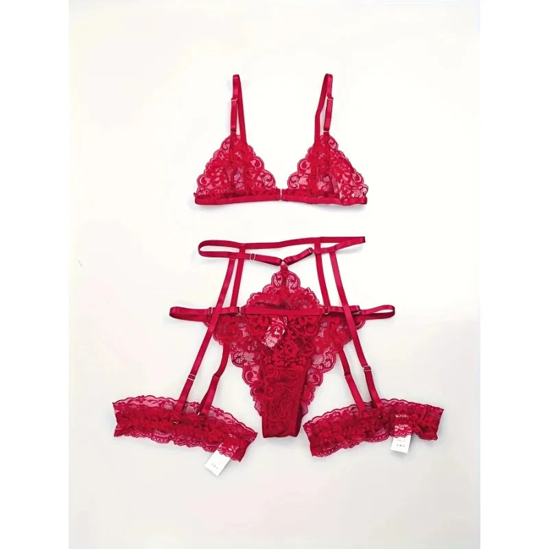 Transparent Lace Lingerie Set – Sexy 3 Piece Sleepwear for Women