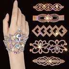 Hand wearing sparkling rhinestone bracelet with assorted crystal wrist cuffs displayed