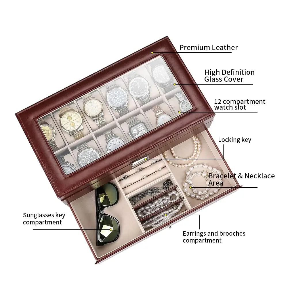 12 Slot Leather Watch Box – Lockable 2-Tier Jewelry Organizer for Display