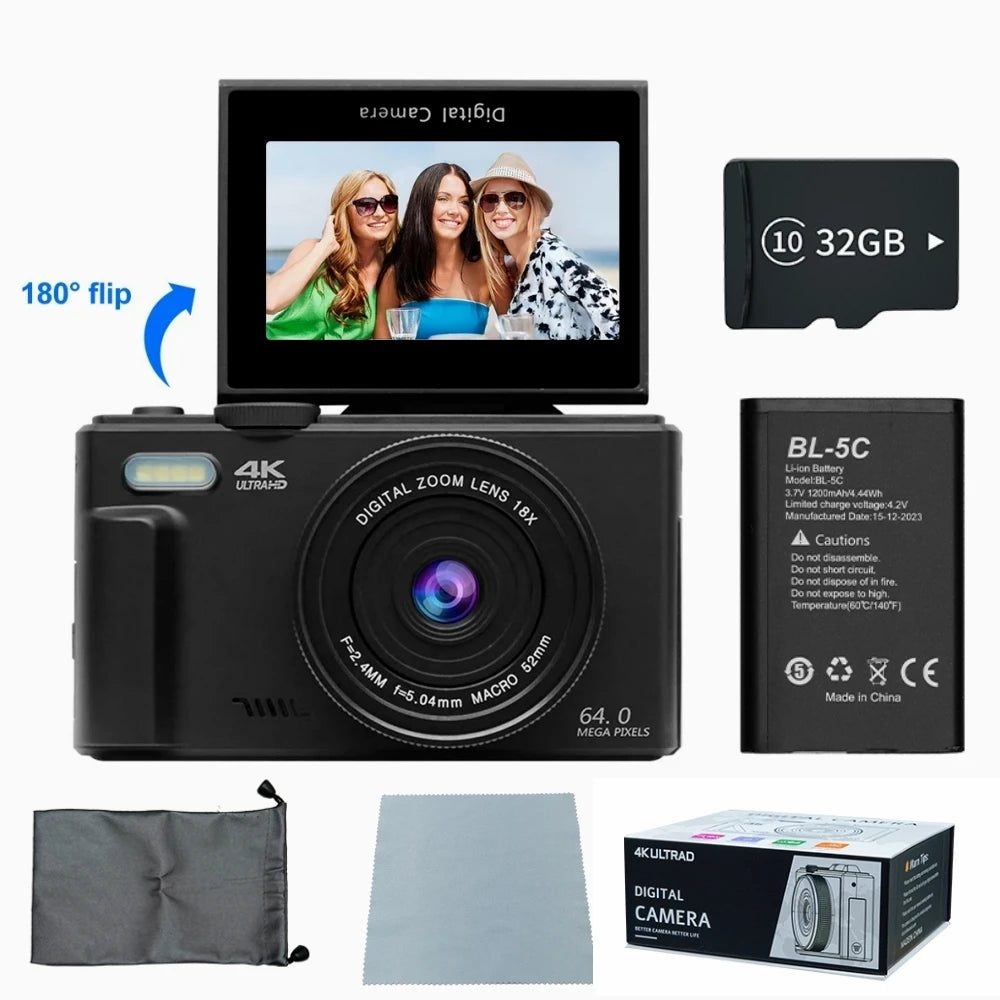 4K Digital Camera – 64MP Vlogging Compact with Flip Screen for Photography