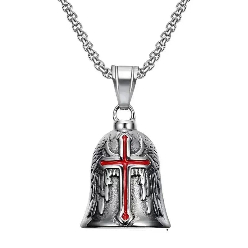 Vintage Jesus Cross Bell Pendant – Religious Biker Necklace for Men