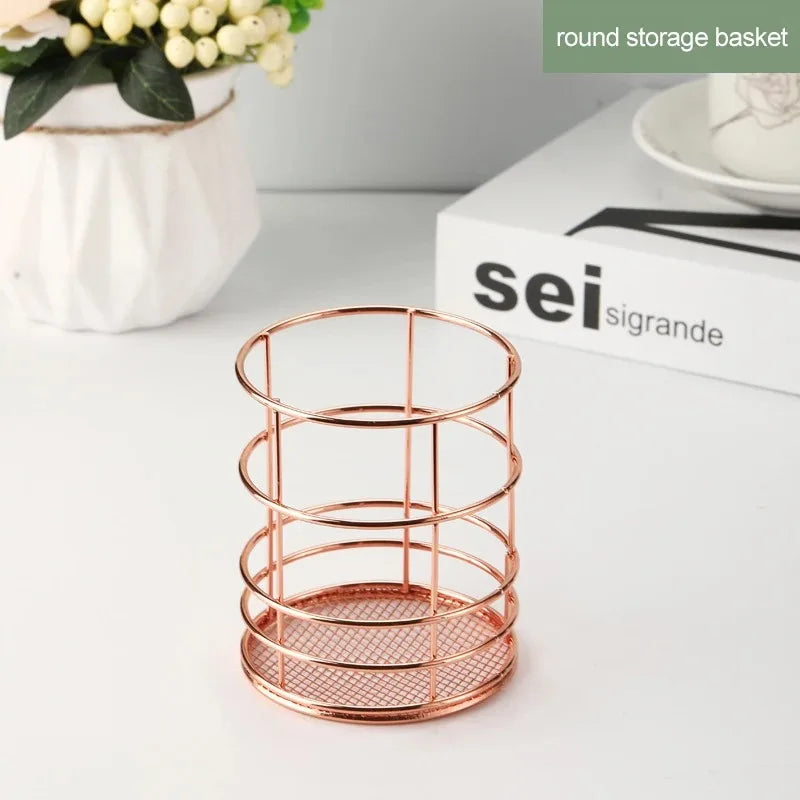 Gold Iron Storage Basket – Geometric Desktop Organizer for Makeup Brushes