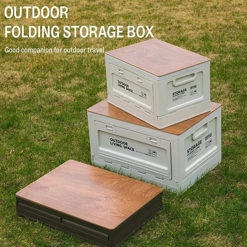 Folding Storage Box – Wooden Lid for Camping and Car Trunk Organization