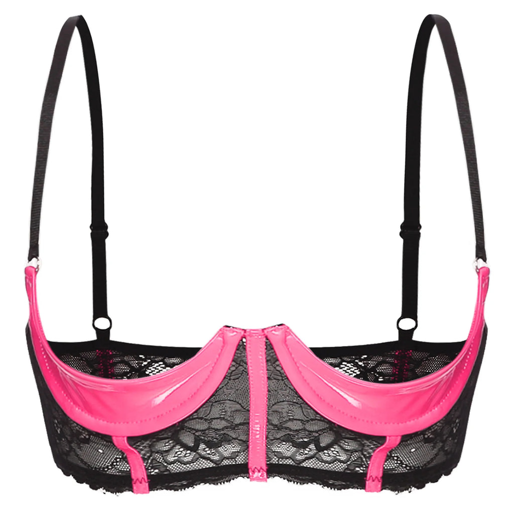 Wetlook Leather Push Up Bralette – Underwire Lace Lingerie for Sexy Cosplay