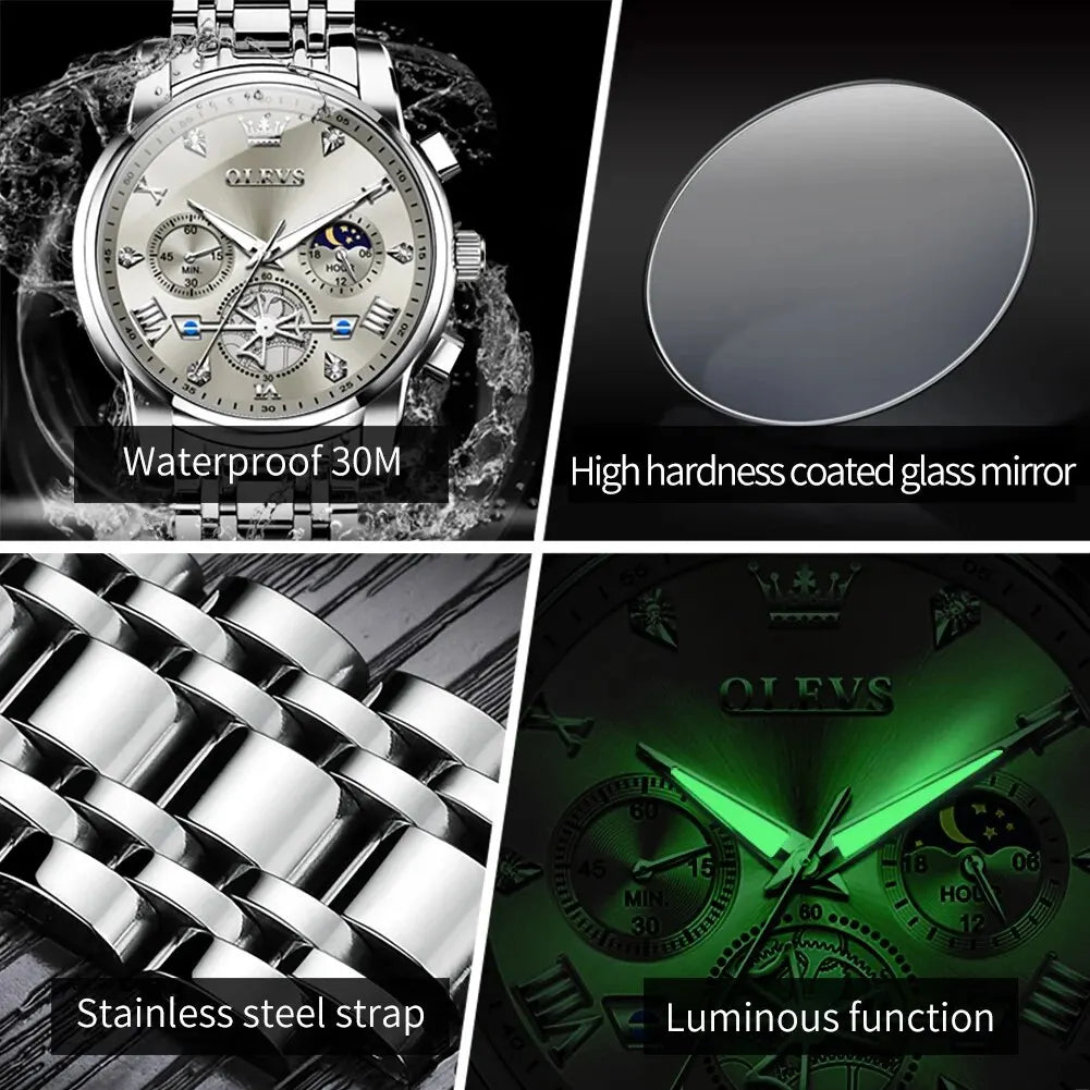 Quartz Chronograph Watch – Moon Phase Luminous Wristwatch for Men