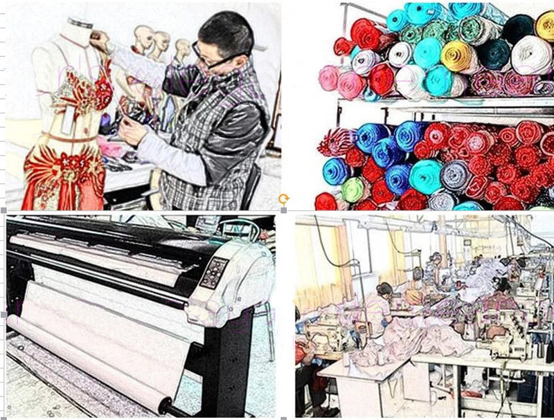Fashion production collage with designer on dress form, fabric rolls, textile printer, sewing workshop
