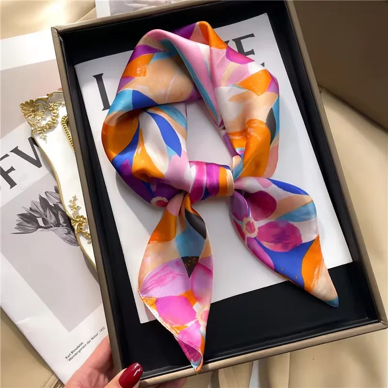 Floral Print Silk Square Scarf – Elegant Women Headwear and Accessory
