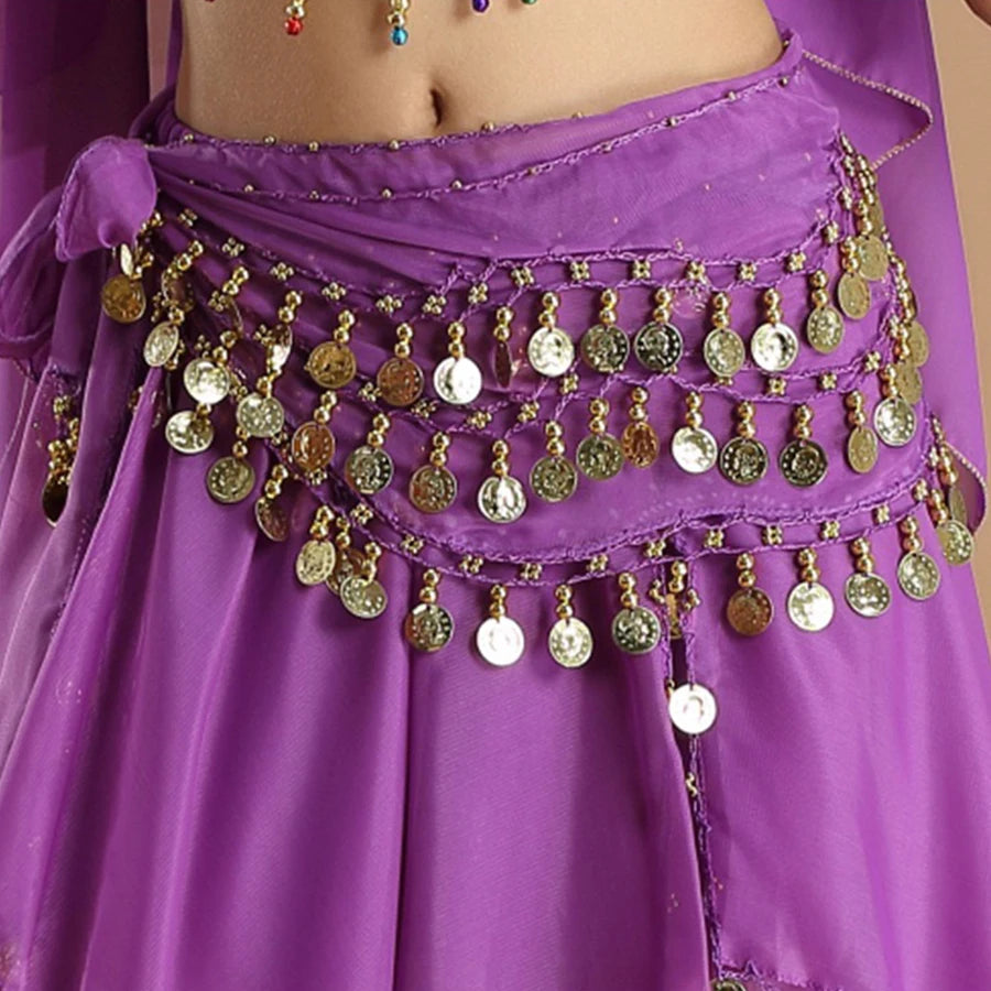 Purple belly dance hip scarf with gold coin decorations and sheer fabric