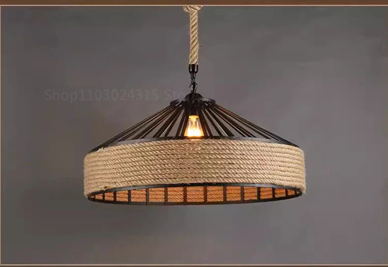 Industrial Hemp Rope Pendant Lamp – Antique Iron Chandelier for Dining Room