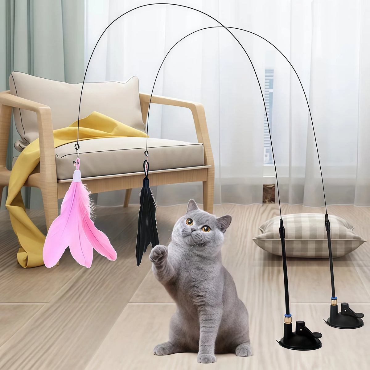 Feather Cat Teaser Wand – Suction Cup Interactive Toy for Indoor Exercise