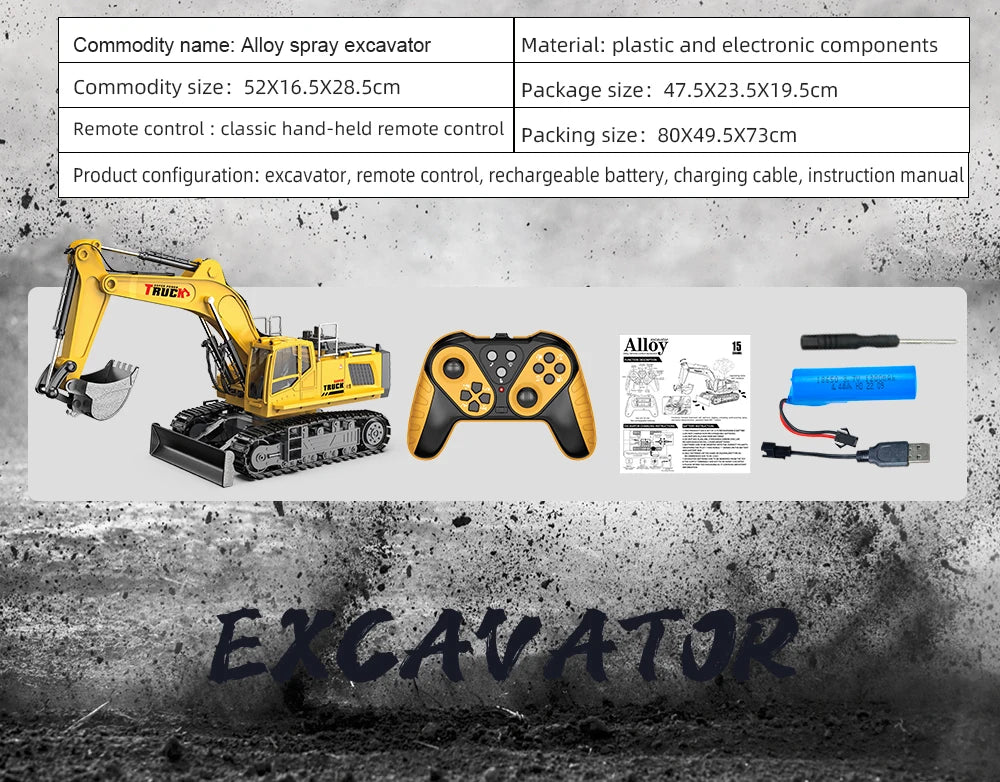 Alloy RC Excavator Toy – 2.4G Remote Control Engineering Truck for Kids