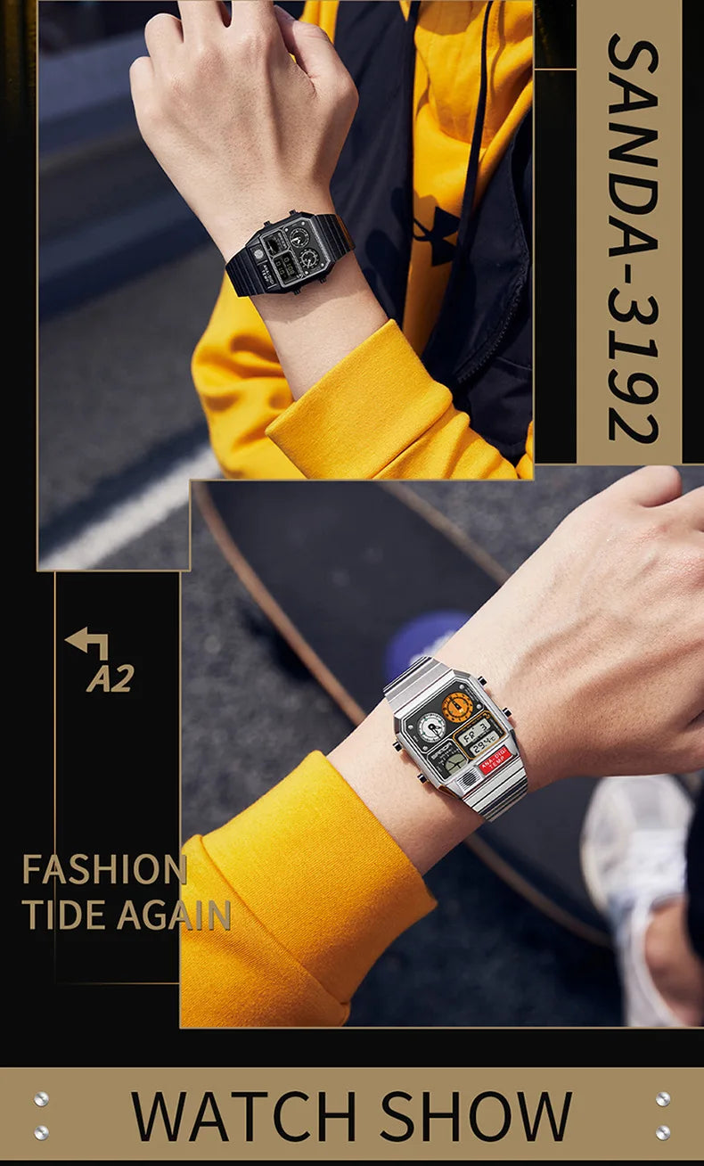 Square Stainless Steel Digital Watch – Temperature Gauge for Men's Sports