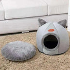 Plush Cat Shape Bed – Semi-Closed Warm Cave for Pet Sleeping