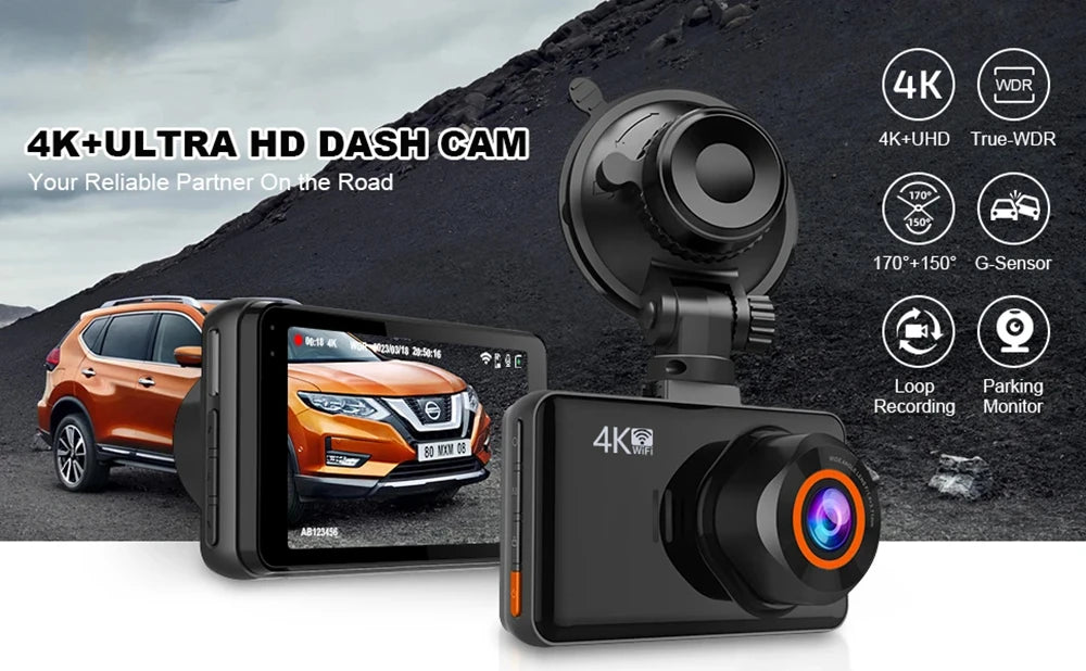 4K Dash Cam – Front and Rear WiFi Video Recorder for Vehicle Parking Safety