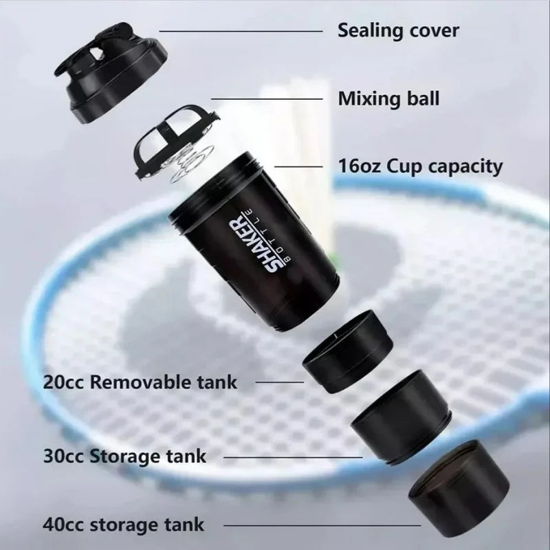 3-Layer Protein Shaker Bottle – Large Capacity Mixing Cup for Gym Exercise