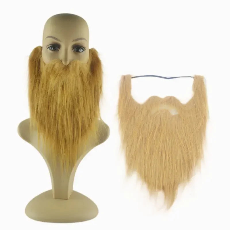 Blonde fake beard costume accessory displayed on mannequin and shown separately
