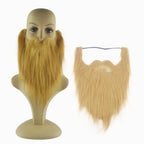 Blonde fake beard costume accessory displayed on mannequin and shown separately