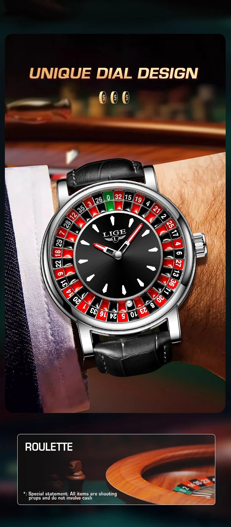 LIGE Roulette Quartz Watch – Luxury Leather Wristwatch for Men Gifts