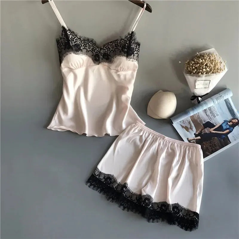 Lace V-Neck Pajama Set – Sexy Satin Sleepwear for Women