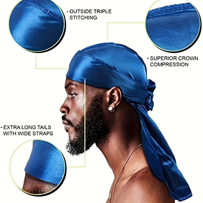Silky Durag Headwrap – Long Tail Wave Cap for Men Hair Maintenance