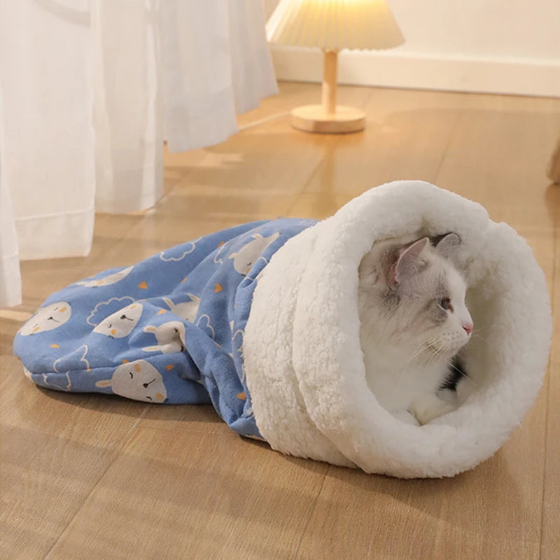 Plush Cat Sleeping Bag – Thickened Fluffy Nest for Winter Pet Comfort