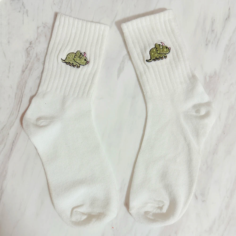 Embroidered Dinosaur Ankle Socks – Cute Cartoon Cotton Socks for Women