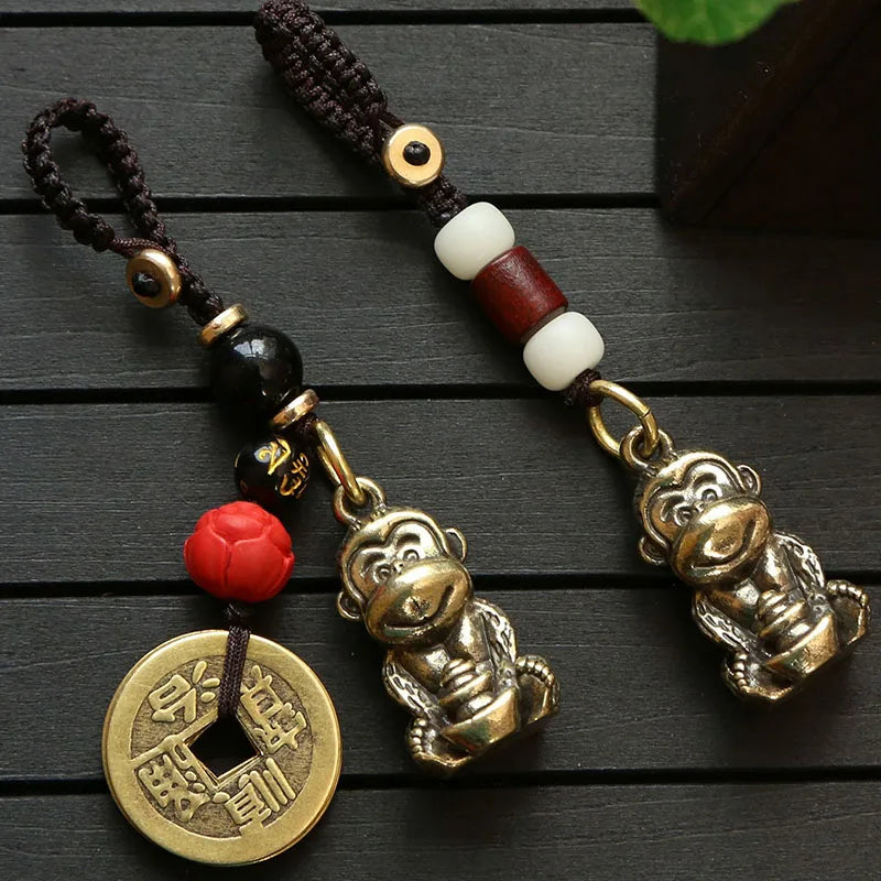 Brass Monkey Key Ring – Feng Shui Lucky Coin Charm for Car Keychain Decor