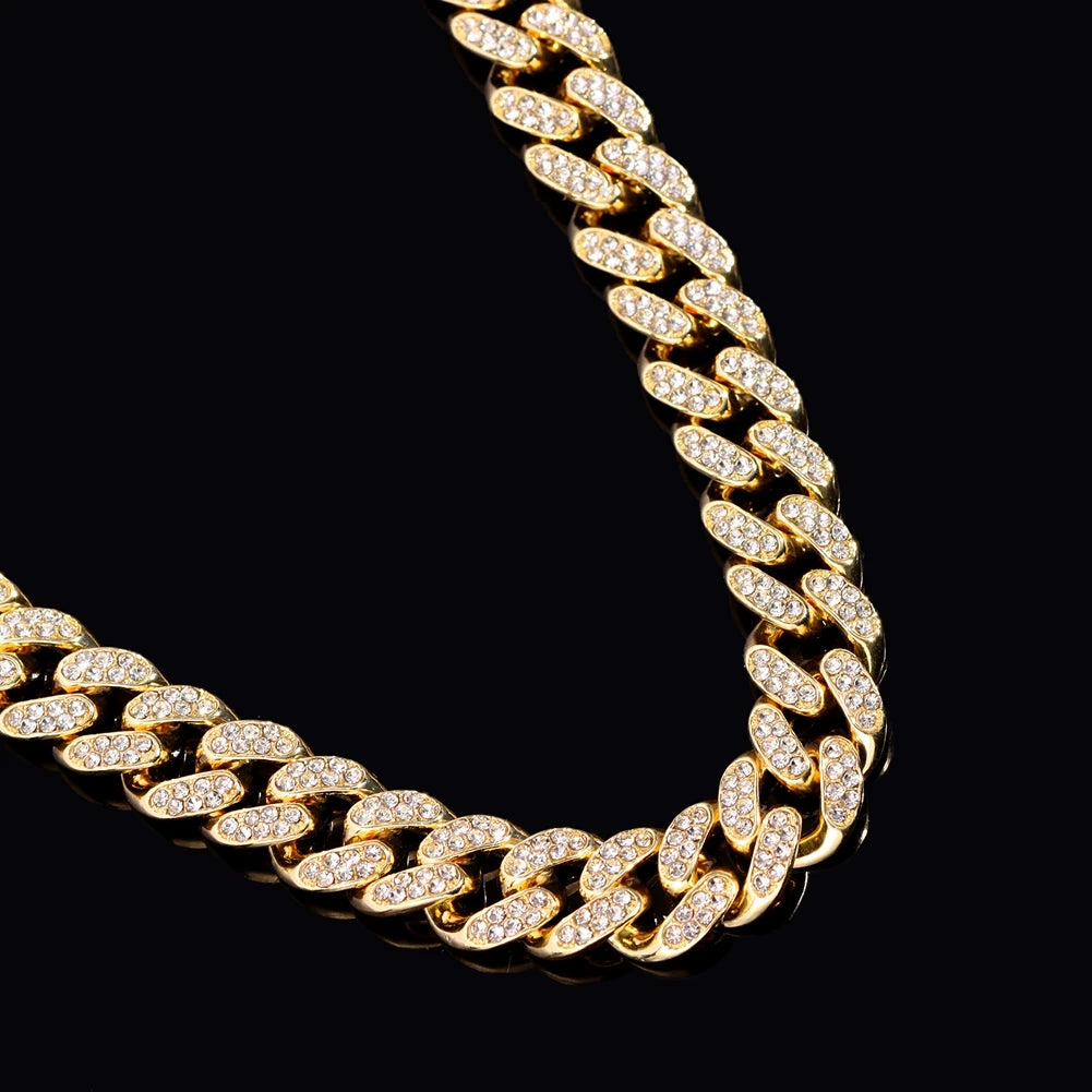 Iced Out Cuban Link Chain – AAA Rhinestone Men's Necklace for Hip Hop Jewelry