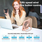 Portable USB Desk Fan – Rechargeable 5-Speed Cooling for Office and Travel